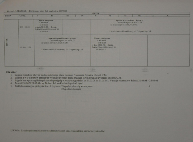 Plan zajęć - I rok WWL, 2007/2008, semestr II letni