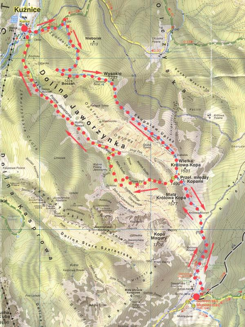 Mapka trasy z Kuźnic na Halę Gąsienicową #góry #mapa #HalaGąsienicowa