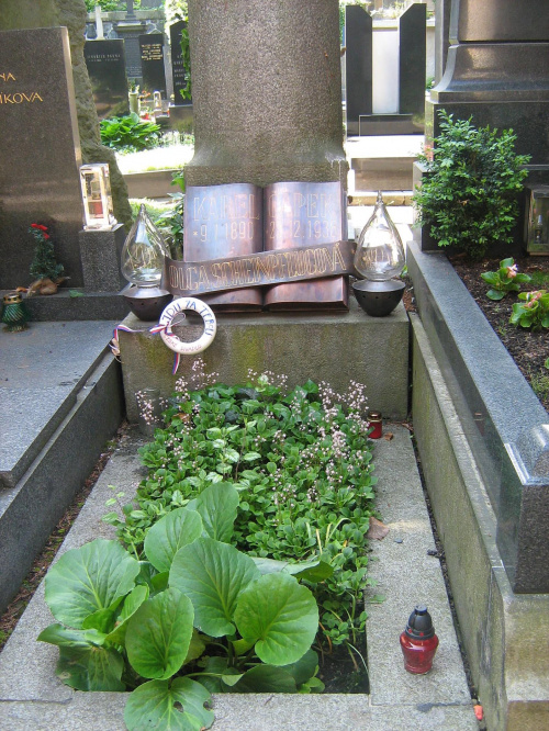 Praga - grób miłosnika ptaków.Wśród zieleni jest zawsze woda w naczyniu, bo tak zażyczył sobie Zmarły.