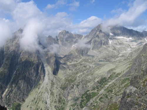 Od lewej: Pośrednia Grań, Czerwona Ławka, Mały Lodowy, Lodowa Przełęcz, i Masyw Lodowego, poniżej Dolina Pięciu Stawów Spiskich i Schronisko Teryego
